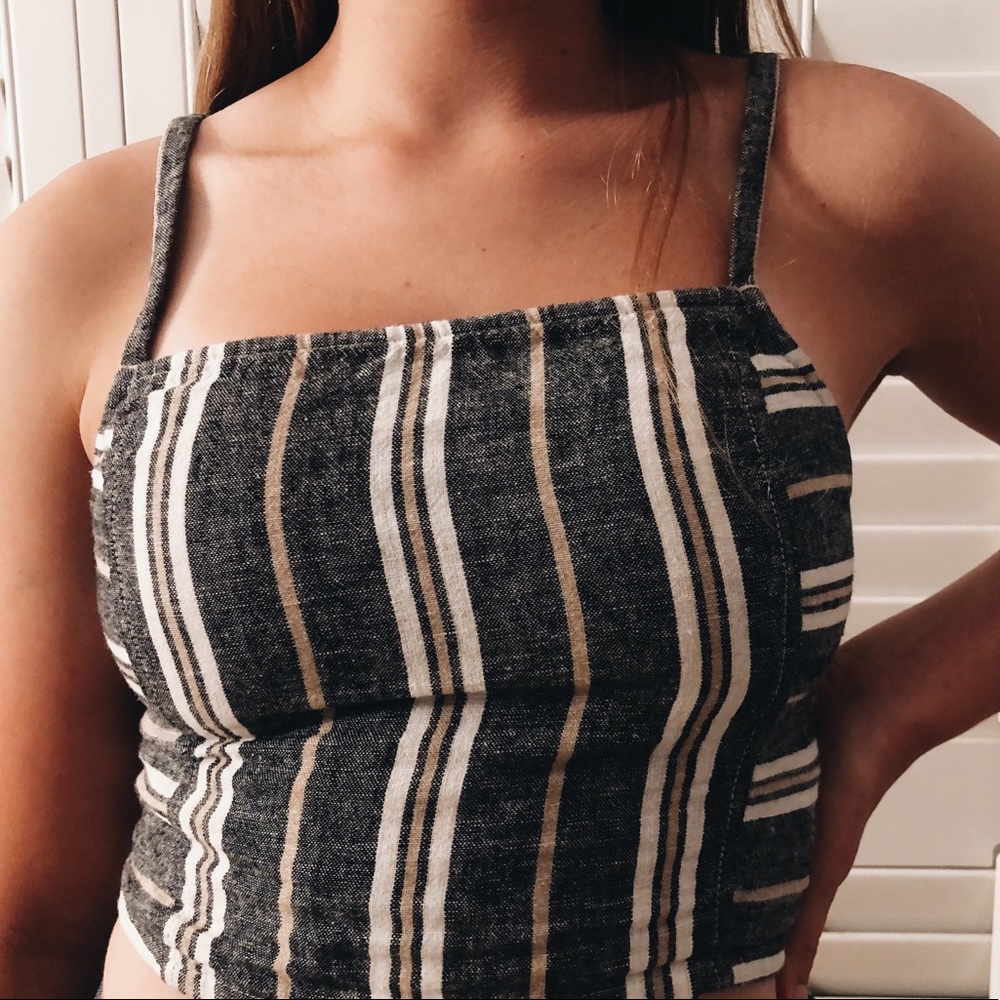 grey striped crop top with bow in back